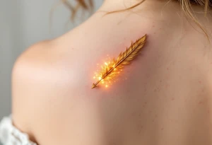 A golden arrow with a phoenix feather tail, engulfed in a soft glow, symbolizing rebirth and transformation. tattoo idea