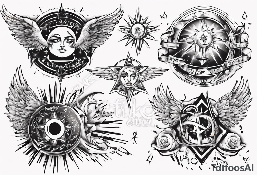 abstraction with sun and letters and angels tattoo idea