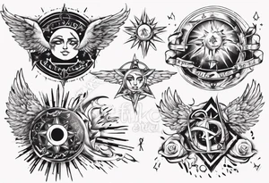 abstraction with sun and letters and angels tattoo idea