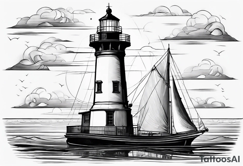maritime lighthouse in a front view sailboat serving as a mast for a sail. tattoo idea