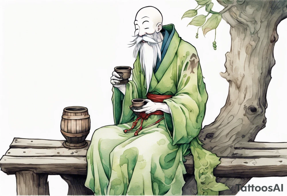 a kodama with a long moss beard wearing a medieval tunic drinking from a wood cup, sitting on a bench laughing tattoo idea