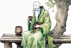 a kodama with a long moss beard wearing a medieval tunic drinking from a wood cup, sitting on a bench laughing tattoo idea