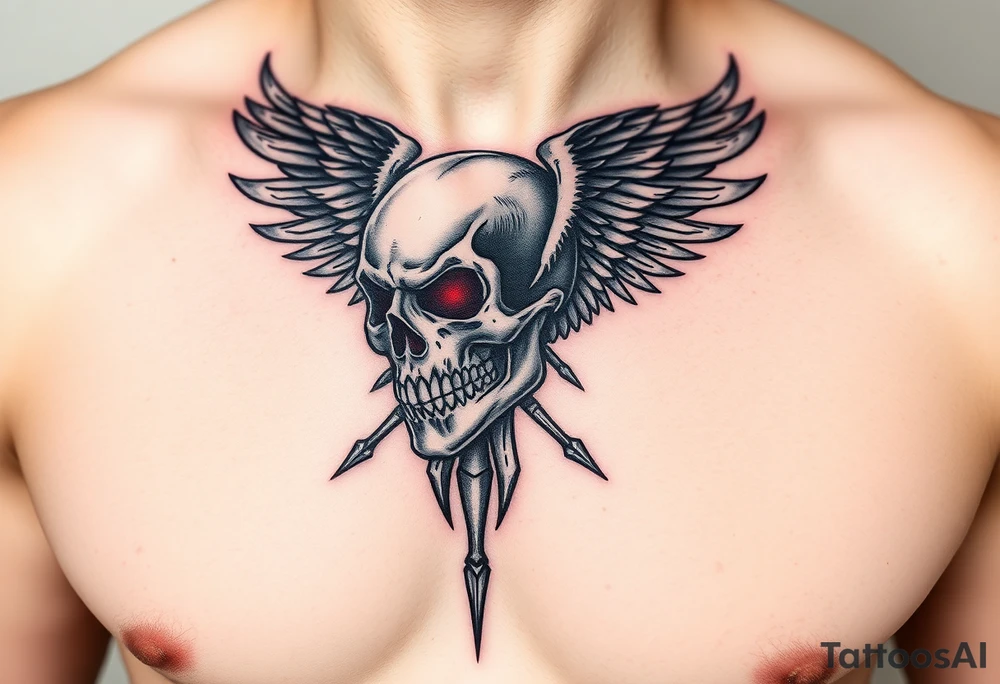 Angel skull black and red on left chest male tattoo idea