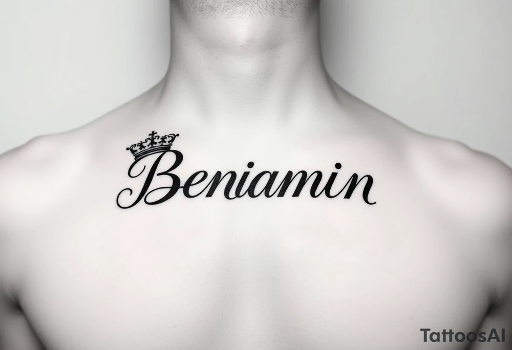 The name Benjamin with a kings crown at the front of the word, on the left side of a women’s chest above the heart  in cursive tattoo idea