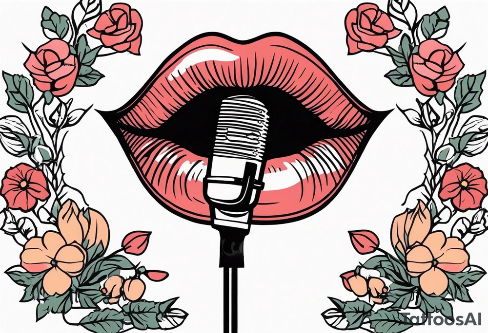 old school traditional vintage style design of lips singing into microphone with vintage flowers surrounding it tattoo idea