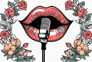 old school traditional vintage style design of lips singing into microphone with vintage flowers surrounding it tattoo idea