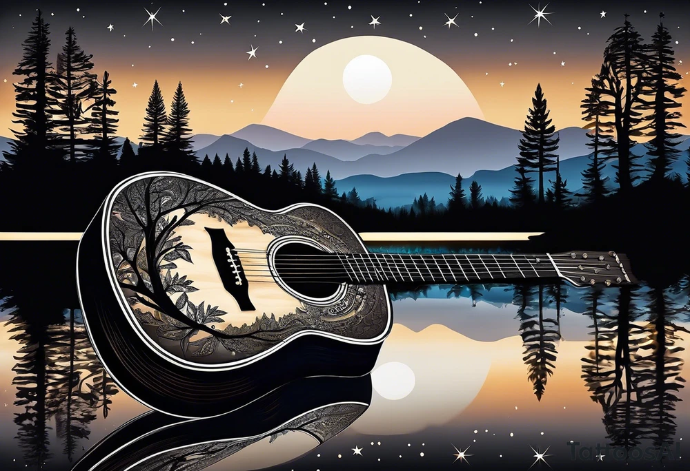 sideways black acoustic guitar made out of trees on one side with a reflection in a lake on the other side at night with a star and prayer hands on the body. tattoo idea