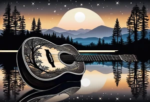 sideways black acoustic guitar made out of trees on one side with a reflection in a lake on the other side at night with a star and prayer hands on the body. tattoo idea