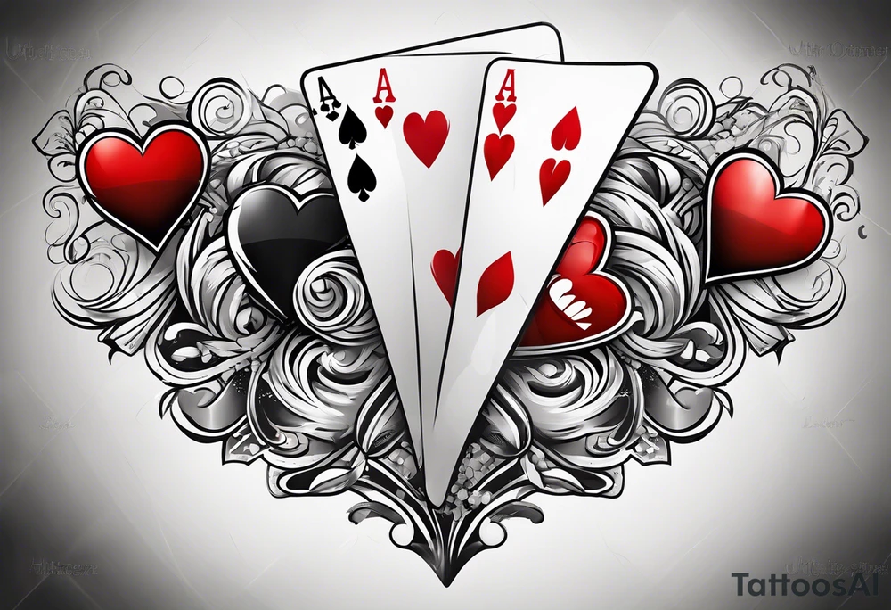 8 aces, overlapping in a row, first two faded/broken aces of hearts tattoo idea