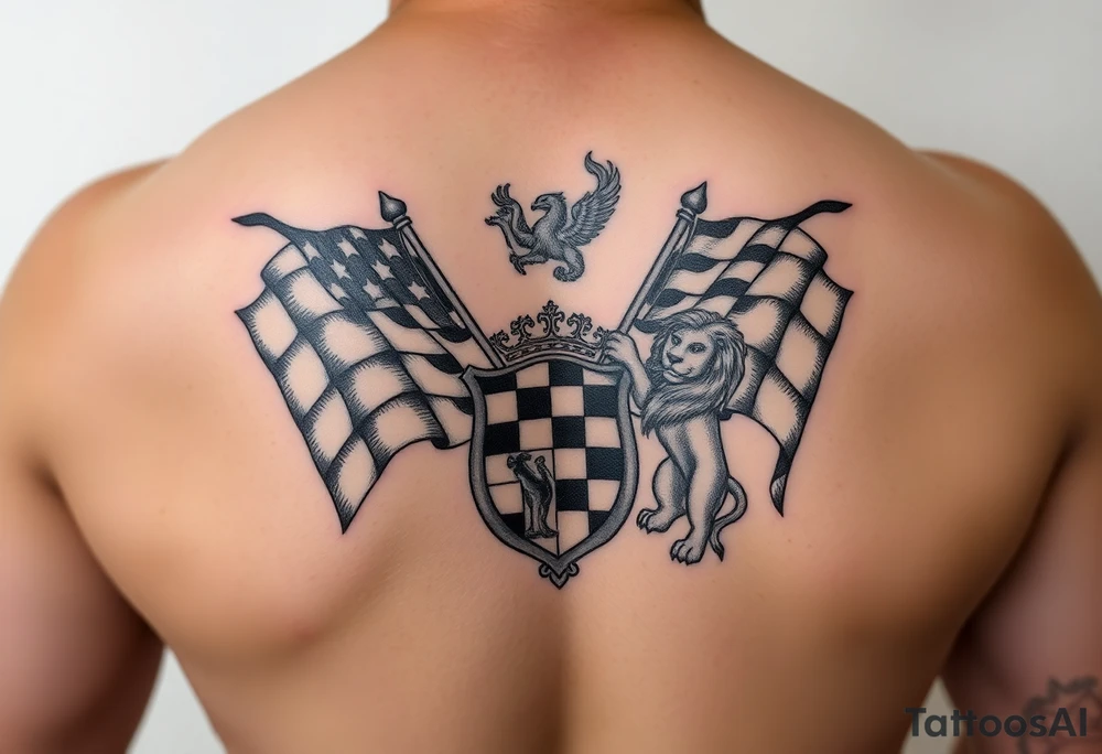 Racing flags, with a chessboard, smoke & a lion family crest tattoo idea