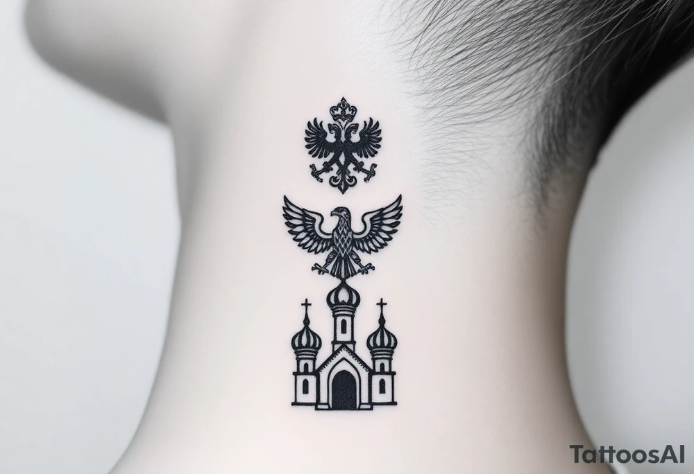 Stacked Vertical Column 

Russian star — small, bold
Middle: Miniature double-headed eagle — simplified, cleaner lines to suit the smaller space
Bottom: Orthodox church dome(s) with a small Virgin Mary silhouette beneath tattoo idea