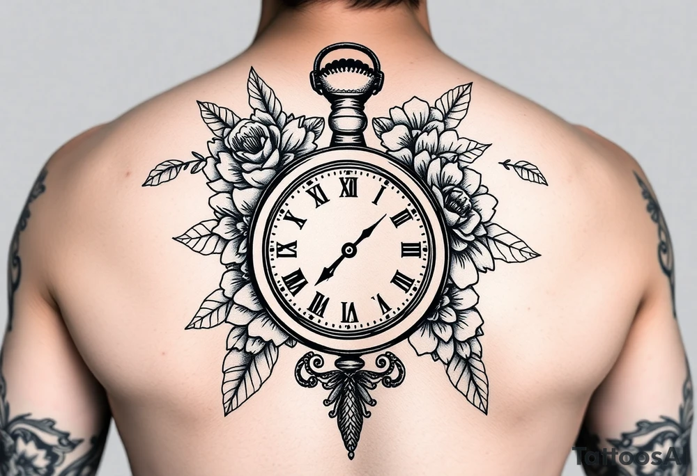 Female full sleeve black and white Mandela floral pocket watch tattoo idea