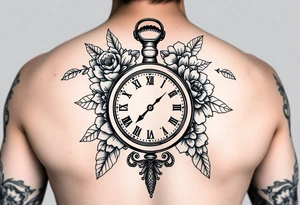 Female full sleeve black and white Mandela floral pocket watch tattoo idea