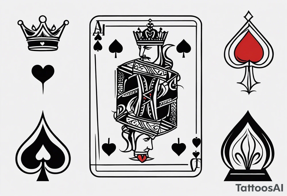 one combined tatto in minimalistic style with icon style three king of spades and icon style one queen of hearts. extreme minimalstic and few lines tattoo idea