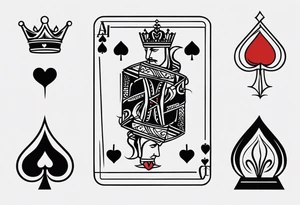 one combined tatto in minimalistic style with icon style three king of spades and icon style one queen of hearts. extreme minimalstic and few lines tattoo idea