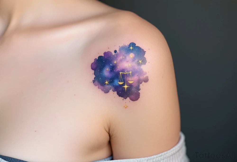 A celestial-themed tattoo combines the Libra star constellation in gold with a cosmic sky in navy and purple hues. tattoo idea