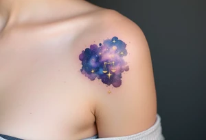 A celestial-themed tattoo combines the Libra star constellation in gold with a cosmic sky in navy and purple hues. tattoo idea