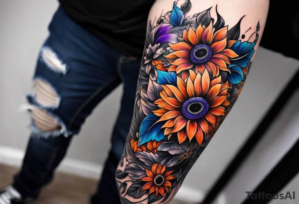 Full leg sleeve with purple, orange and blue sunflowers tattoo idea