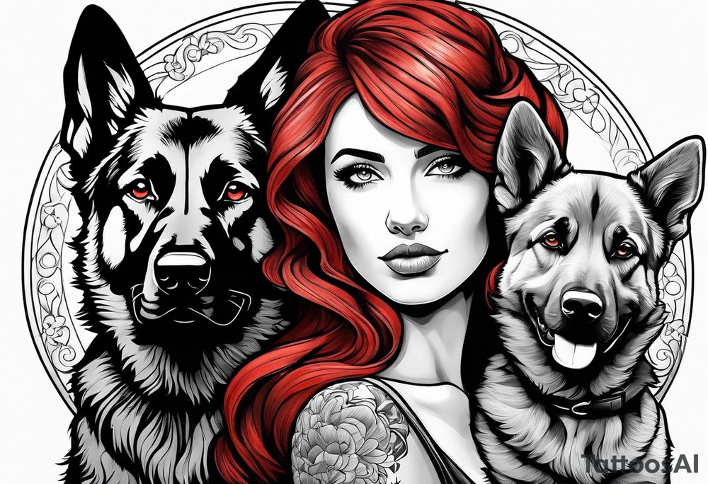 red hair woman with German shepherd dog tattoo idea