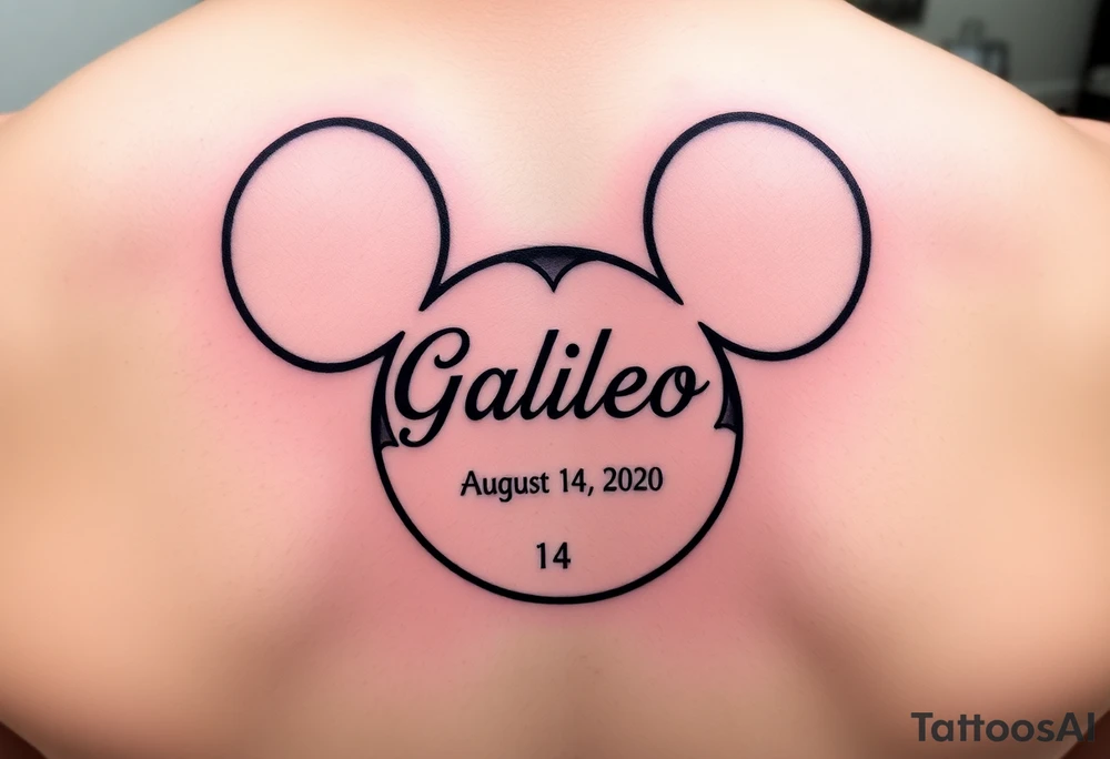 mickey mouse symbol with the name Galileo and the date August 14,2020, incorporated tattoo idea