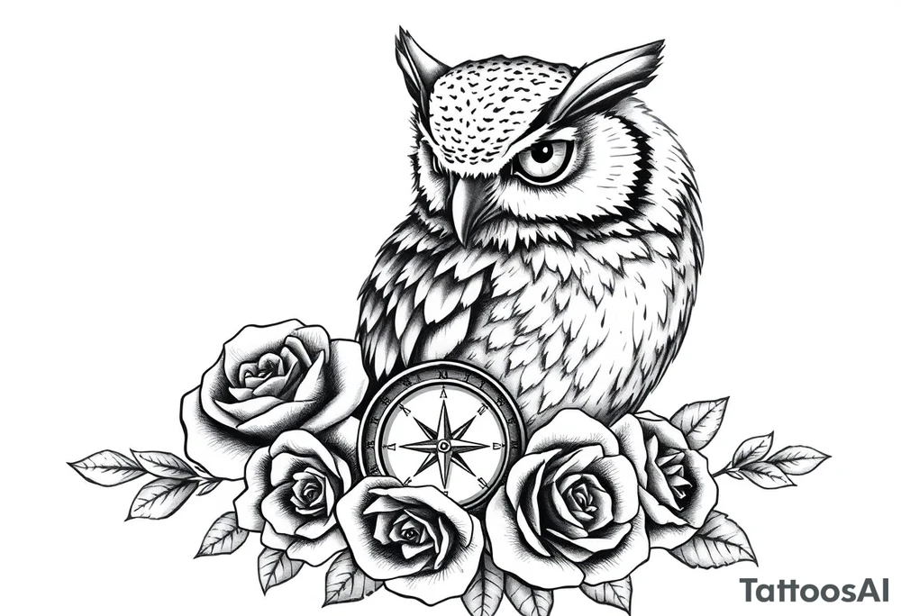 an owl,compass,roses, tattoo idea