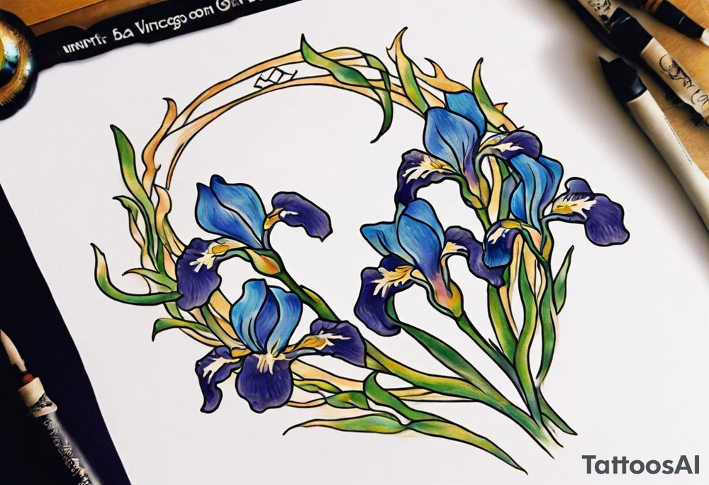 Create a small Vincent van Gogh Irises tattoo. The tattoo should take the form of a crescent, with vines gracefully intertwining at a central point in the middle of the wreath with a bird. The intended placement is on the upper chest. The overall design should be small in size while maintaining a delicate and artistic aesthetic. Pay attention to the graceful flow of the vines and the placement of the irises to achieve a refined and elegant look. tattoo idea