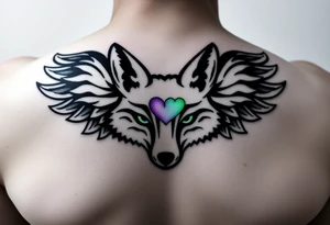 Fox racing head logo wrapped in angel wings and as one of the fox symbols ears put a thumbprint heart with a teal and purple ribbon also around the white tattoo put a lime green glow tattoo idea