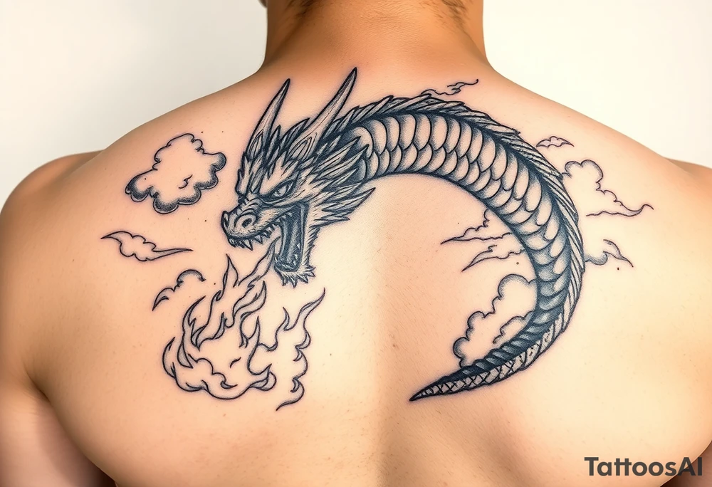 fierce dragon breathing iridescent fire against stormy skies tattoo idea