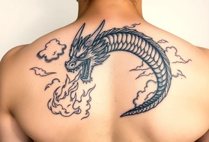 fierce dragon breathing iridescent fire against stormy skies tattoo idea