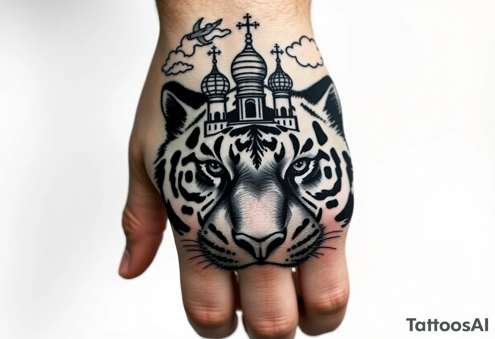 Realistic tiger face on the back of the hand with strong contrast and fine detail with hollow black eyes. with a highly detailed Russian Orthodox cathedral sitting above on fore arm with onion domes and orthodox crosses, done in fine line, engraving-like style. Cohesive composition, black ink only, no color, high contrast, slightly aged, documentary-style, plain light background. with clouds above and a virgin mary tattoo idea