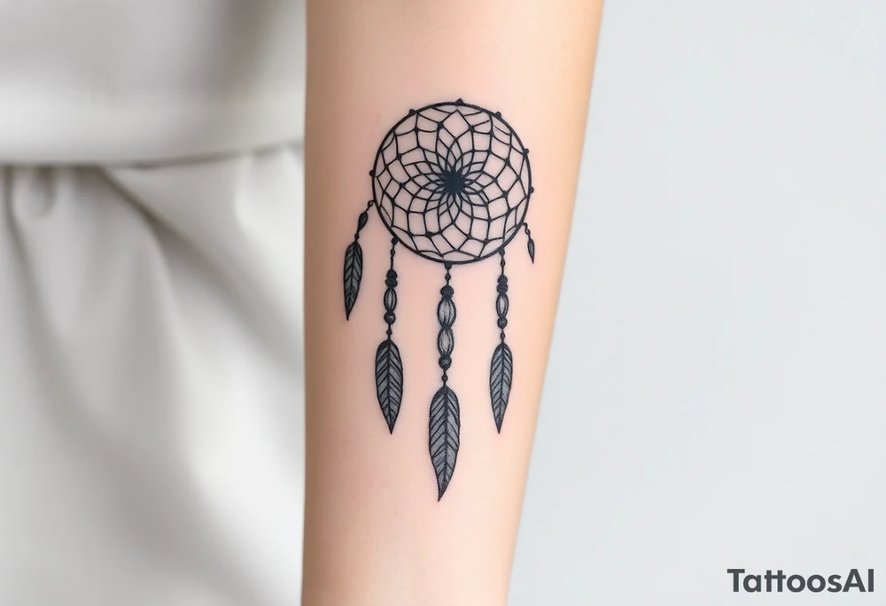 native dreamcatcher with flowing feathers and sacred beads tattoo idea