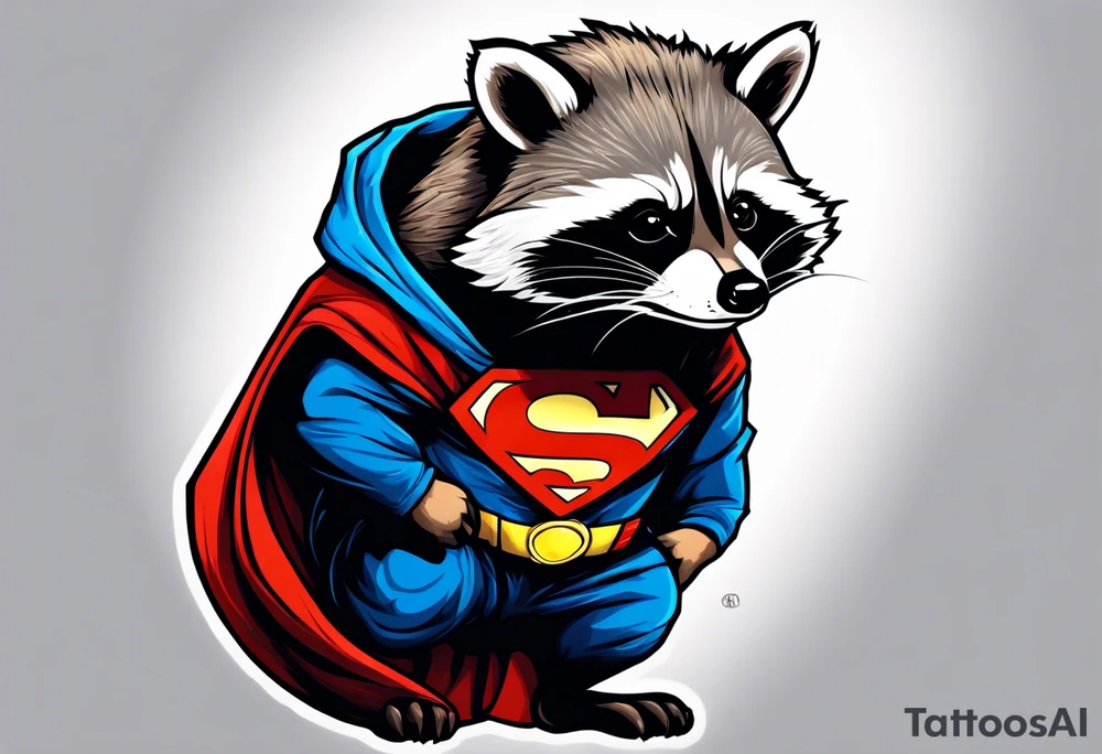 raccoon wearing a Superman hoodie tattoo idea