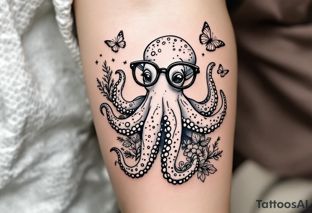 cute octopus, wearing glasses, friendly, surrounded by butterflies and oceanic items, grey ink, monochrome grey color tattoo idea