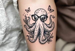 cute octopus, wearing glasses, friendly, surrounded by butterflies and oceanic items, grey ink, monochrome grey color tattoo idea