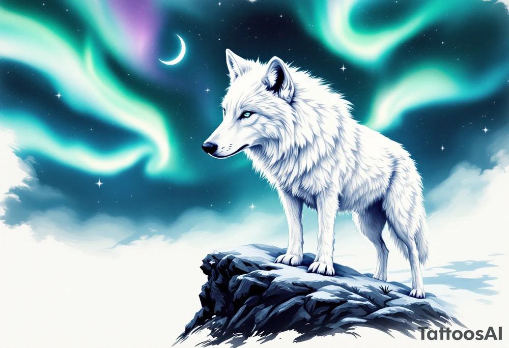 White arctic wolf with piercing blue eyes standing beneath a soft glowing crescent moon, with a northern lights sky in green, purple, and teal. tattoo idea