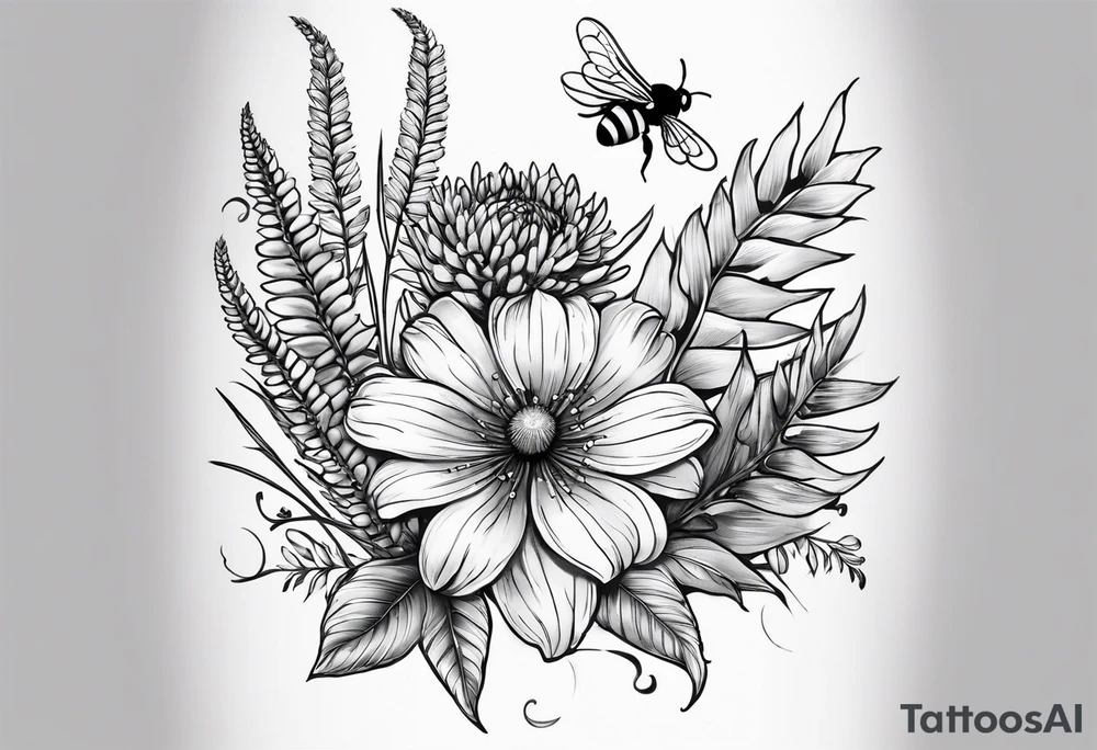 Half sleeve with crisanthium, ferns, leaves, wheat and complimentary flowers with small bees tattoo idea