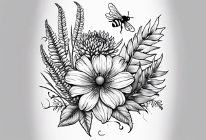 Half sleeve with crisanthium, ferns, leaves, wheat and complimentary flowers with small bees tattoo idea