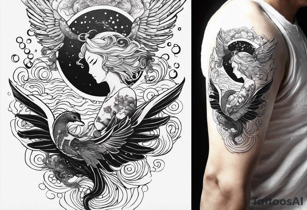 A falling greek men angel in the sea with the sun and all related to an asiatic culture and the anime Tokyo Ghoul.  Make it masculine and include in the water the DNA molecule and some fish and shrimp. Add colour to these designs tattoo idea