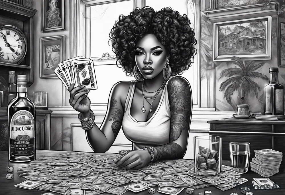 black woman bitting money dice cards whiskey tattoo idea