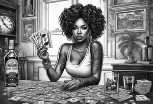 black woman bitting money dice cards whiskey tattoo idea