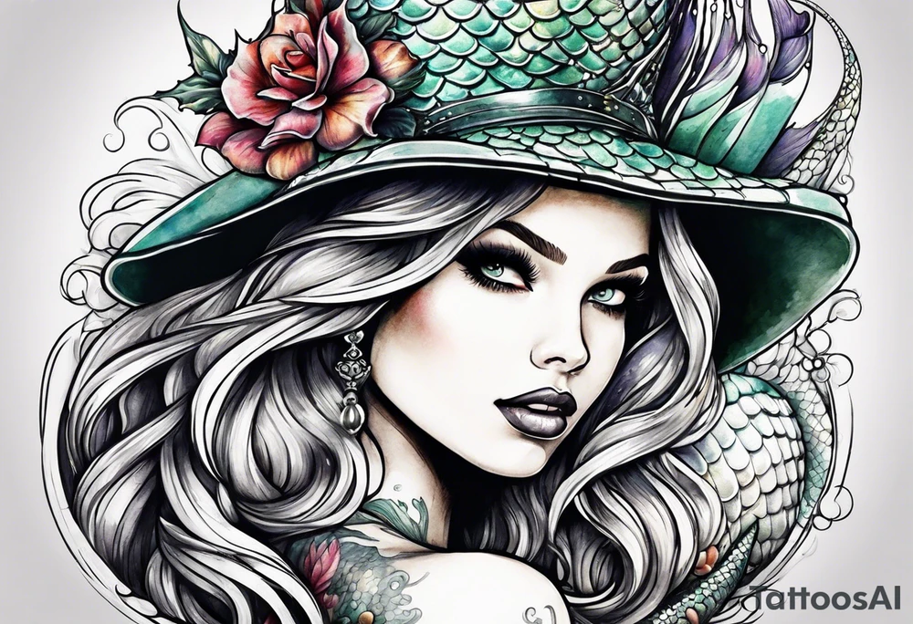 Mermaid wearing an alligator hat tattoo idea