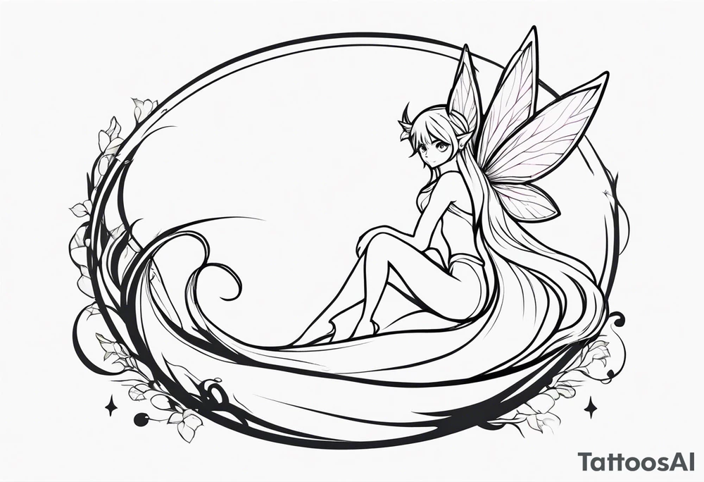 A fairy with a tail inspired by the logo of the show called Fairy Tail in a fetal position leaning in tattoo idea