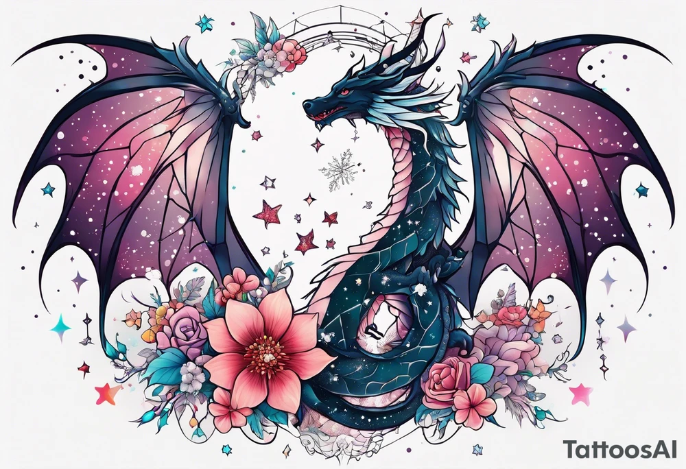 Constellation, wing , snow , cross , dragon female japan kawaii , flower tattoo idea