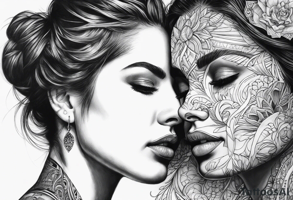 2 womans faces looking into each other eyes the womans face on the right side morphs into a city and the womans face on the left side morphs into mountains tattoo idea