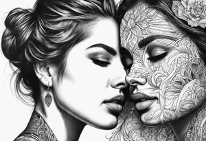 2 womans faces looking into each other eyes the womans face on the right side morphs into a city and the womans face on the left side morphs into mountains tattoo idea