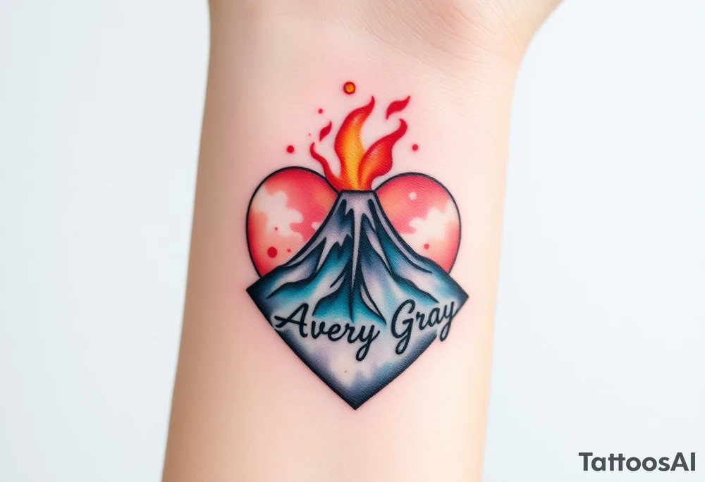 Female Geometric Volcano tattoo erupting in a heart with text Avery Gray tattoo idea