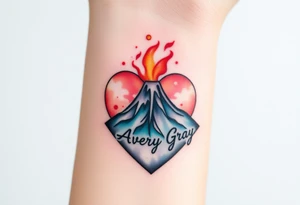 Female Geometric Volcano tattoo erupting in a heart with text Avery Gray tattoo idea