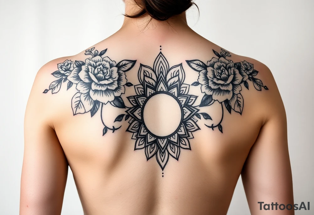 Feminine, full back tattoo, with matching florals on the shoulders, with an hourglass in the middle and Mendala lines curving up the back tattoo idea