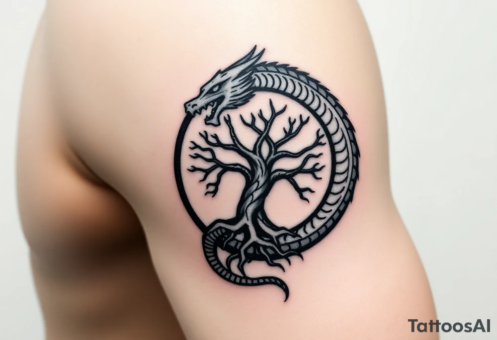 a dragon forming a circle with its body.  the dragon encircles the tree of life.  the dragon is eating the tree. the roots of the tree are strangling the dragon tattoo idea