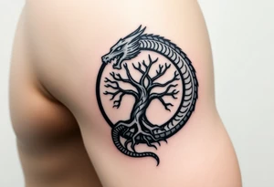 a dragon forming a circle with its body.  the dragon encircles the tree of life.  the dragon is eating the tree. the roots of the tree are strangling the dragon tattoo idea